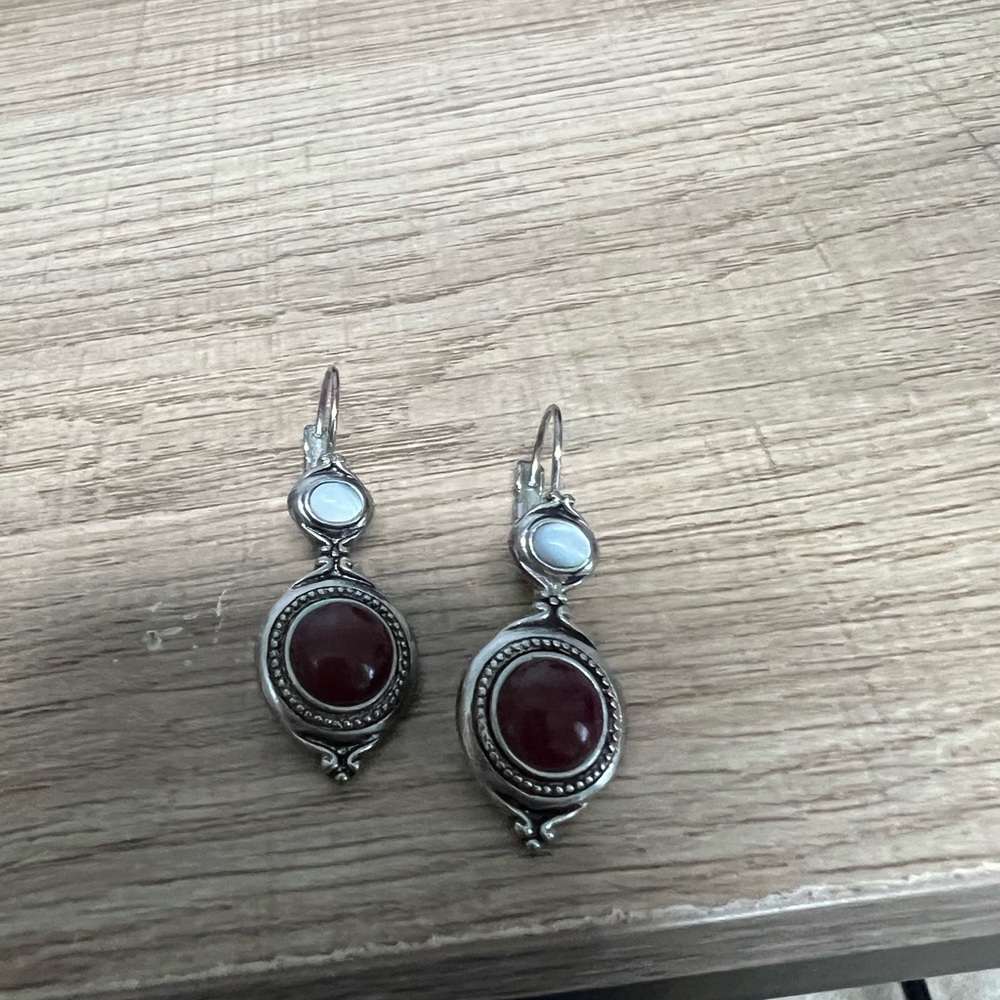 Lia Sophia Silver and Red Earrings with Spiral Design and Gemstones